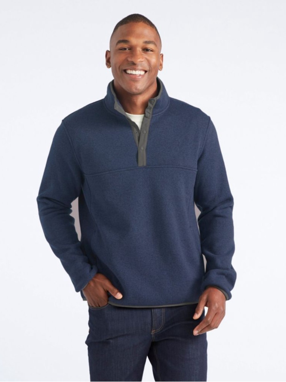 L.L. Bean Navy Fleece Snap-Placket Pullover with Gray Trim